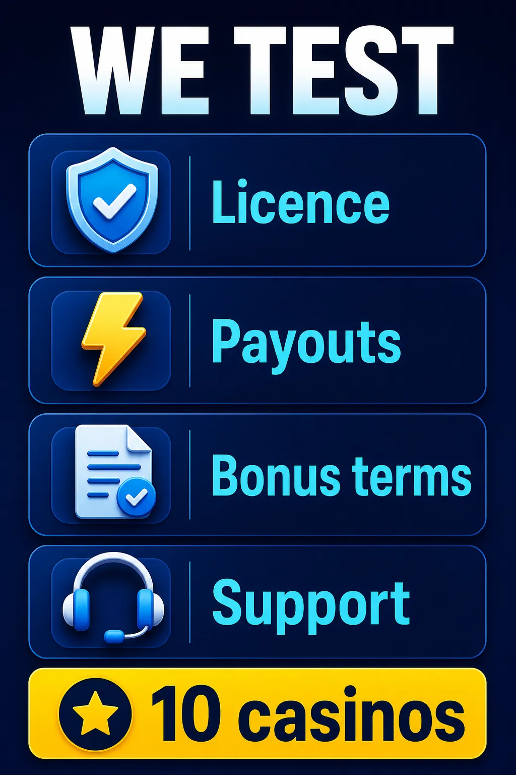 Infographic: what every casino review tests — licence, payout speed, bonus terms and support, across all 10 casinos