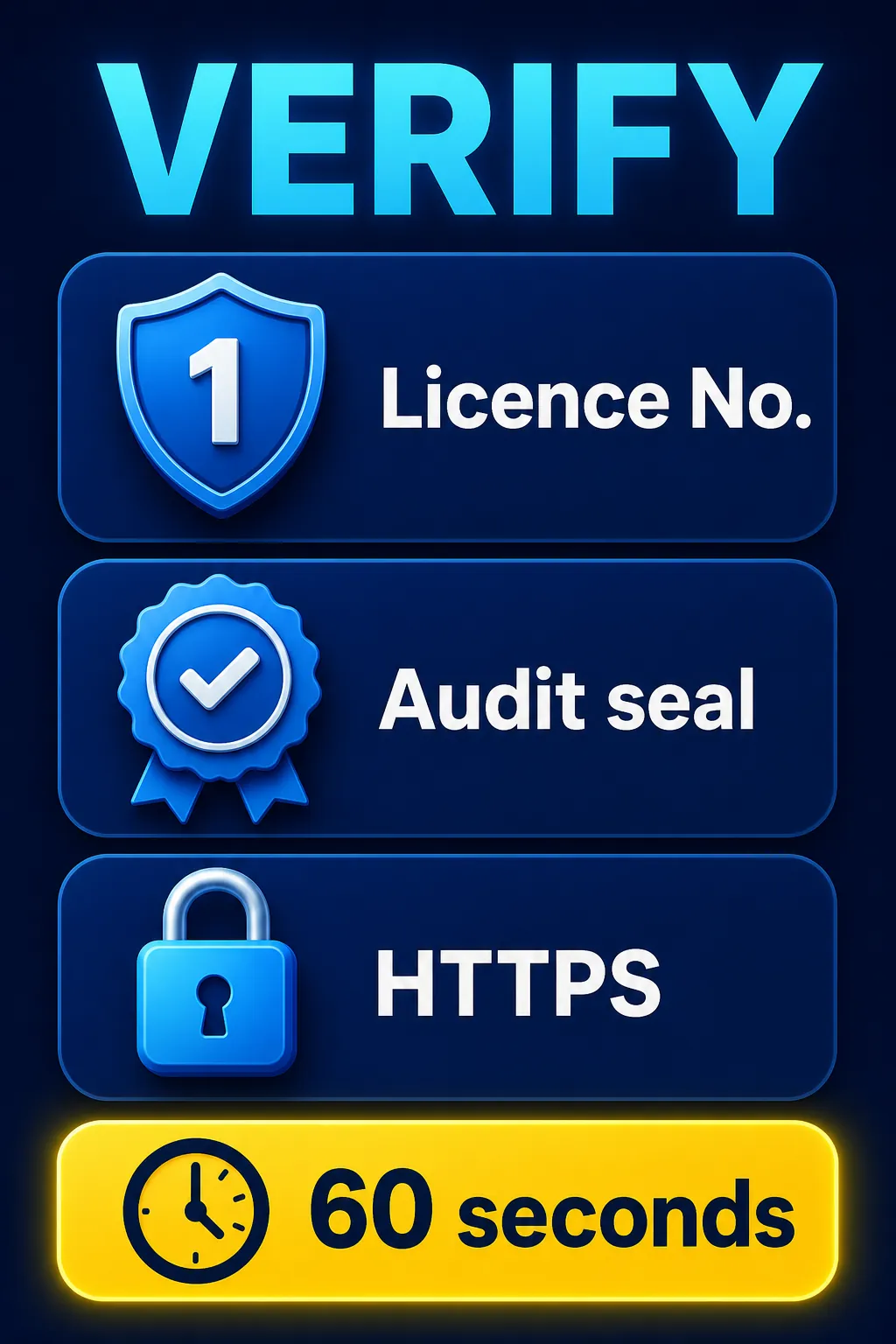 Infographic: verify a casino in 60 seconds — find the licence number, an audit seal and HTTPS